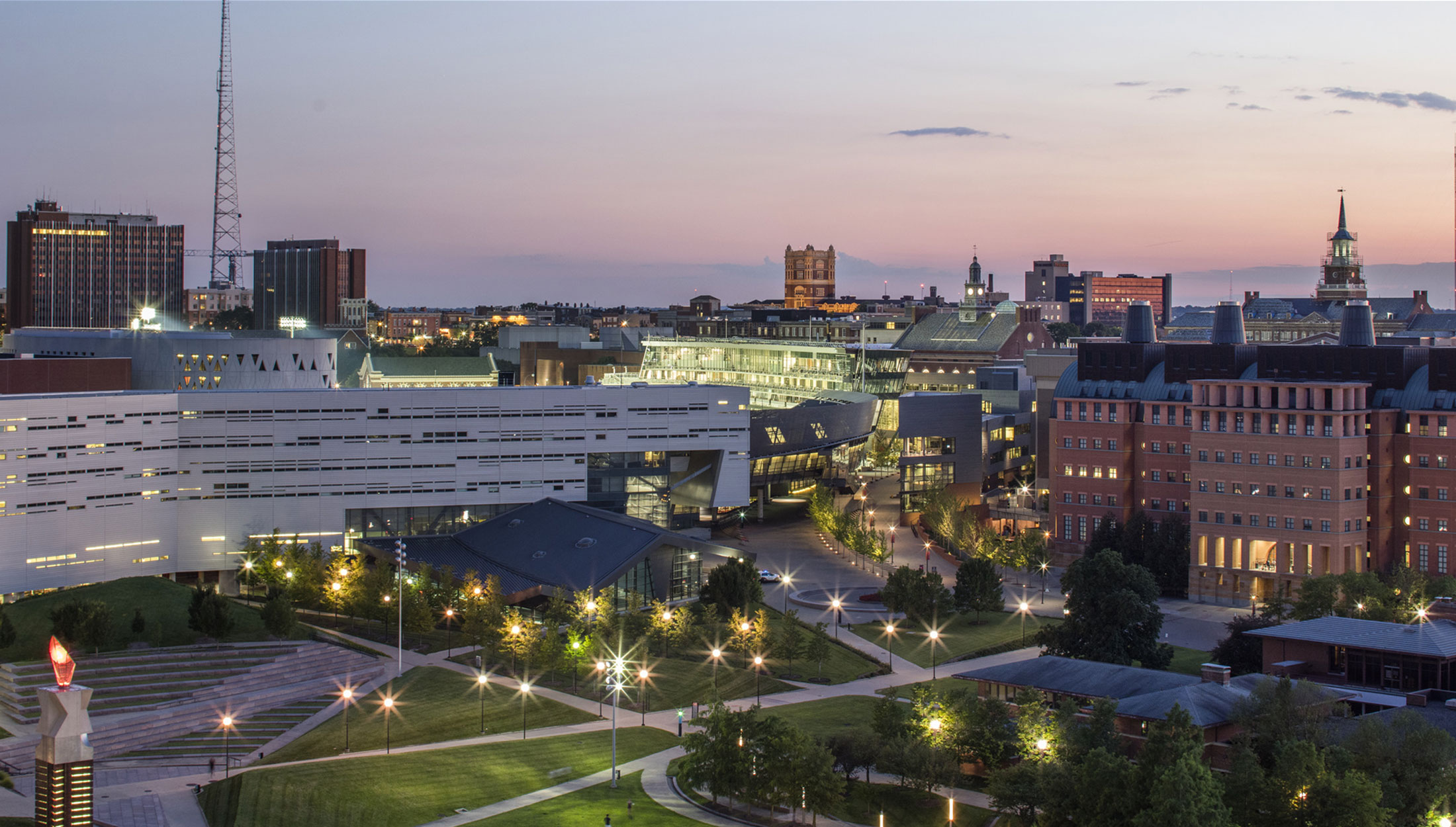 Aerial view of the University of Cincinnati campus at dusk